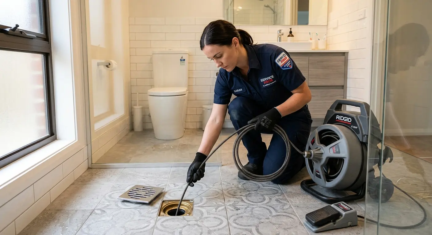 Technician clearing a bathroom floor drain for Hydro Jetting in Independence